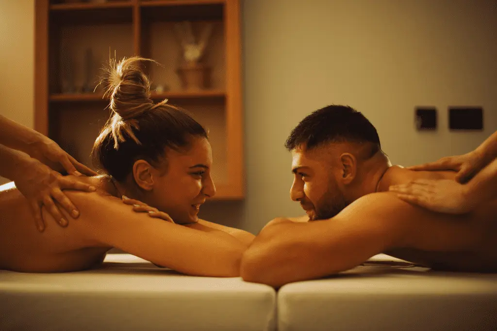 A person lies on their stomach on a massage table, receiving a back massage from a therapist whose hands are visible. The setting includes spa-like elements such as candles and possibly aromatherapy items. While this image doesn't explicitly show a couple's massage, Serenity Head Spas offer this service.